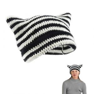 langyoujia Chapeau tricoté, Chapeau d’Oreille de Chat d’Hiver, Chapeau de Chat pour Femmes Y2K, Bonnet rétro, Chapeau d’Oreille de Chat Chaud d’Hiver (Noir-Blanc) (LangQingyan-EU, neuf)