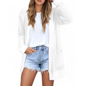 GLEENOD Cardigan &agrave; manches longues pour femme - D&eacute;contract&eacute; - Long - &Eacute;l&eacute;gant - Cardigan ouvert sur le devant - Pull en tricot avec poches, Blanc., M (gleenod, neuf)