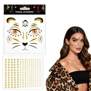 ZORVYN Lot de 2 autocollants pour visage l&eacute;opard - Accessoire de d&eacute;guisement de l&eacute;opard pour femme, tatouage temporaire &agrave; paillettes, costume de chat, tatouage du visage l&eacute;opards, carnaval pour f&ecirc;te (SESINEND, neuf)