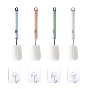 CHUANFU 4 Pièces Goupillon Biberon en Eponge avec 4 Pièces Crochet Autocollant, 27 cm Ecouvillon Brosse Biberon Goupillon Gourde avec Manche Long, Brosses à Bouteilles Nettoyage à 360 ° pour Tasses (CHUANFU, neuf)