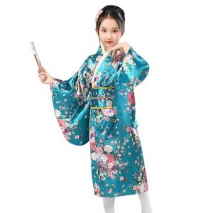 Kimono Japonais Traditionnel pour Fille Bébé Enfant Robe avec Obi Set Tenue Cosplay Festival Anniversaire Photographie Costume Asiatique Été Léger Élégant Décontracté Robe Longue (A03-Blue, 7-8 Years) (AncientCrab, neuf)