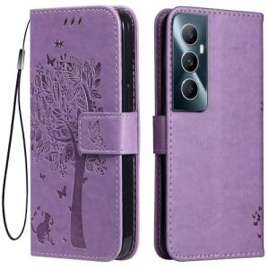 Topme &Eacute;tui en Cuir pour Realme C65 (4G) (6.67" inches), [ Coque Housse de T&eacute;l&eacute;phone Style Motif Chat Et Arbre] - Violet Clair (topme, neuf)