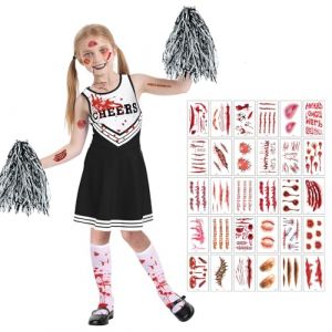 SUBRINGE D&eacute;guisement Zombie Pom Pom Girl pour Enfant, Costume Halloween Fille &Eacute;coli&egrave;re Horreur avec Accessoires, Tenue Effrayante Sanglante pour F&ecirc;te d'Halloween (4-6 ans (120 cm)) (Barrycome, neuf)