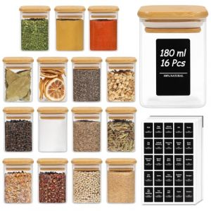 ComSaf Pots &agrave; &Eacute;pices Avec &Eacute;tiquettes 180 Ml 16 Pi&egrave;ces, Pot &agrave; &Eacute;pices Carr&eacute;s Avec Couvercle, Bocaux en Verre Herm&eacute;tiques, Sali&egrave;re, Sucrier, Paprika Doux, Rangement et Organisation de Cuisine (Mucihome-europe, neuf)