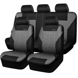 CAR PASS Housses de si&egrave;ge Voiture compl&egrave;tes pour Auto, Camion, SUV, Couvre Siege Auto avec Impression de pneus 3D, Compatibles avec airbags, Installation Rapide (Ensemble Complet, Noir et Gris) (Flying Banner EU, neuf)