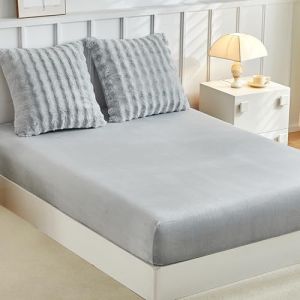 Tokokimo Drap Flanelle 2 Personnes, Drap Housse 160x200 avec 2 Taie d'oreiller 65x65 en Polaire - Toucher Cachemire - Super Doux et Moelleux pour Matelas &Eacute;pais jusqu'&agrave; 30-35 cm, Peluche Gris (Yuanqin, neuf)
