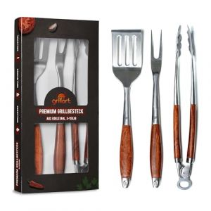grillart® Set de 3 ustensiles de Barbecue de qualité supérieure en Acier Inoxydable et poignées en Bois élégantes – Pince à Barbecue, spatule et Fourchette à Barbecue avec poignée Extra Longue (BRPrime, neuf)