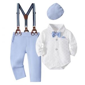 Volunboy B&eacute;b&eacute; Gar&ccedil;on Costume Gentleman, Noeud Papillon Chemise Carreaux + Pantalon + Chapeau B&eacute;ret 5 Pi&egrave;ces(6-9 mois,Taille 66,Bleu Ciel) (Volunboy, neuf)