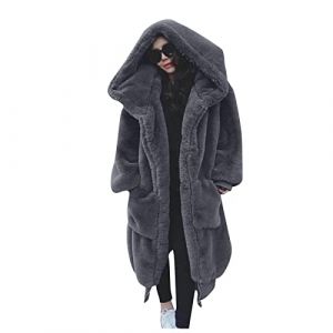 Manteau d'hiver chaud à capuche en fausse fourrure pour femme - Veste longue d'hiver pour femme - Cardigan élégant - Veste longue de transition en peluche avec fourrure, Y03-Grey, L (zhilirongxiang, neuf)