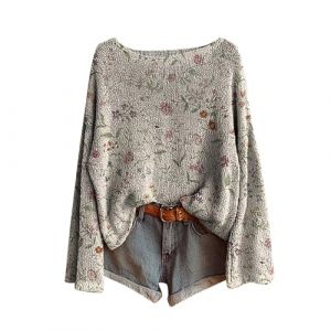 Pulls, Gilets Et Sweats Femme Vintage Imprim&eacute; Floral Boh&egrave;me Pull Over Tricot&eacute; Chic Col Rond Manche Longue Sweater Tops &Agrave; Motif Hauts Grande Taille Pas Cher Vetement Femme Automne Hiver (Anglekie, neuf)