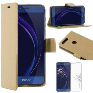 ebestStar - Coque Compatible avec Huawei Honor 8 Etui PU Cuir Housse Portefeuille Porte-Cartes Support Stand, Or/Dor&eacute; + Film Verre Tremp&eacute; [NB: Lire Description][Appareil: 145.5 x 71 x 7.5mm, 5.2"] (ebestPro-fr, neuf)