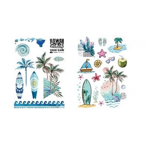 Lot de 2 feuilles de tatouage temporaire de surf - Motif palmiers - Tatouage vagues - Tatouage d'été faux tatouage LC007 08 (Beyond Perfection, neuf)
