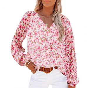 Chemise Fleurie Femme Blouse Col V Haut Femme Ete Chemisier Mousseline Femme Chic Chemise Manche Longue Fluide Ample Casual Large Femmes Blouse Tunique Manches Longues Été Femme Grande Taille Rose L (Pengniao, neuf)