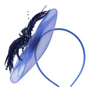 Chapeau bibi avec plumes sur un bandeau et une fleur fourchée - Bibi de mariage - Bandeau tendance et élégant en maille - Pour mariage (bleu marine, taille unique) (fhjvbt, neuf)