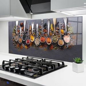 ARTHUB® Crédence de Cuisine en Verre 60x150 cm, Spices Black Board | Protection Contre Les éclaboussures, Revêtement Mural en Carreaux, Plaque en Verre, Verre trempé, Aliments, Épices (ARTHUB - wall decor, neuf)