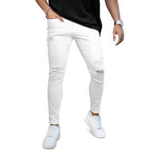 GINGTTO Skinny Jeans Homme Elastique Trou&eacute; Stretch Slim Fit Pantalon pour Homme Denim Jean Blanc 36W/30L (Gingtto, neuf)