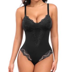 UMIPUBO Body Gainant Femme Ventre Plat Body Sculptant Femme Amincissante Gainant Corset Dentelle Skims Col V Shapewear Lingerie Réglable Strap Combinaison Minceur Bodysuit (Noir, S) (Bukely, neuf)