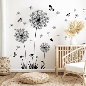 2 pi&egrave;ces Stickers Muraux,Pissenlit et Papillon Autocollant Mural,fleurs de pissenlit plantes autocollants collants peintures,Amovible Deco Stickers Chambre Enfant B&eacute;b&eacute; Salon Decoration (Noir) (JunShenQS, neuf)