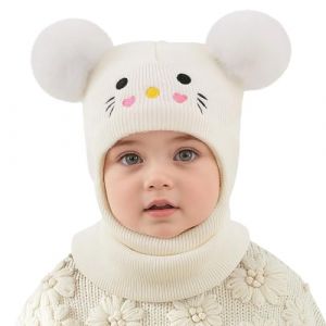 MASOCIO Bonnet Cagoule Bebe Enfant Fille Garcon Hiver Chaud Chapeau Echarpe Cache Cou 12 18 Mois 2 3 4 5 6 7 B&eacute;b&eacute; Gar&ccedil;on Balaclava Adorable Double Pompon Enfants 1-8 Ans Blanc (Ortego, neuf)