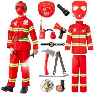 Lozzzyo D&eacute;guisement Pompier Enfant Gar&ccedil;on avec Masque, Casque de Pompier et Divers Accessoires de Pompier, Deguisement Pompier pour D&eacute;fil&eacute;s de Carnaval, Halloween et F&ecirc;tes Th&eacute;matiques (130) (LIZHIYI, neuf)