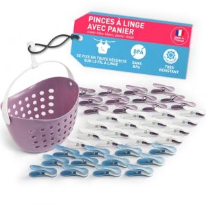 culiclean Pince a Linge Soft Clips – Panier Epingle a Linge – Fabriqué en France – Violet-Bleu-Blanc avec Panier Violet – Lot de 40 Pinces + 1 Panier (ISC Brands, neuf)