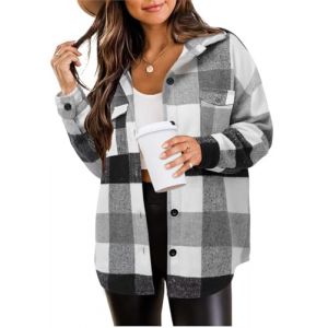 Zeagoo Blouse Femme Épais Mélange de Laine Blouse à Carreaux Femme Bouton Down Chemise Manches Longues Blouse Loose Casual Gris Blanc XS (Zeagoo direct, neuf)