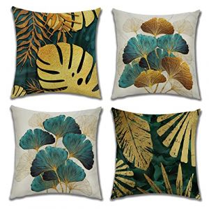 OCEUMACO Housse de Coussin 50x50 Ginkgo Feuilles Dor&eacute;es Tropical D&eacute;coratif Housses Coussins pour Canap&eacute; Chaise Salon Lot de 4 Jungle Dor&eacute; Bleu Canard Taie d'oreiller en Lin Scandinave - Or (Oceum, neuf)