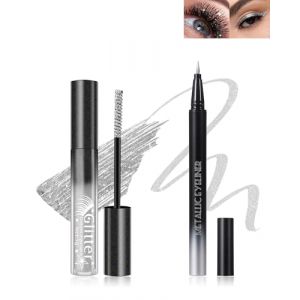 Mascara et Eyeliner Paillettes Argent, Mascara Couleur Diamant Pailleté Volume et Longueur, Liquide Crayon Yeux Métallique Brillant, Longue Durée Waterproof, Anti-bavure, Maquillage Cadeau pour Femme (Lestpola Ltd, neuf)