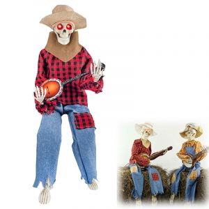 Squelettes de banjo anim&eacute;s, cr&acirc;ne lumineux pour Halloween, d&eacute;coration de guitare &agrave; LED et sons effrayants (lumi&egrave;re rouge) (Nexoria-EU, neuf)