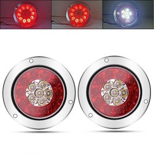 Biqing 2PCS 4" LED Feu Arrière de Remorque,Rond Feux arrières à 24V Camion Remorque Bateau Arrière Feu Arrière Frein Feu de Brouillard Inversé avec Anneau Chromé (Argent-Rouge&Blanc) (YuanGu, neuf)