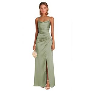 Generic Robes de demoiselle d'honneur en satin pour femmes, sir&egrave;ne, robe de soir&eacute;e formelle avec fente, bretelles spaghetti, col ruchet&eacute;, robe de bal pour invit&eacute;es, vert sauge, 36 (dongytuandanyuan, neuf)
