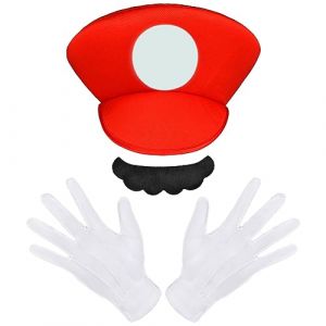 Aomig Deguisement Casquette Mario, Barbe et 2 Gants, Halloween, Déguisé Cosplay pour carnaval, décoration pour garçon et fille, enfants et adultes (OODDH, neuf)