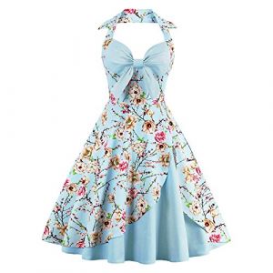 IWEMEK Femmes Vintage Retro Robe Trapèze Rockabilly à Fleurs Années 1950 50 60 Audrey Hepburn Style Dos Nu Encolure Coeur Robe de Cocktail Soirée Fête L'été Casual Habillée Robes Bleu Clair XL (IWEMEK, neuf)