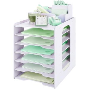 IOUGDSEC Organisateur de bureau avec 7 niveaux, porte-documents avec porte-stylos, format A4, bac &agrave; courrier, bac &agrave; documents avec tiroir pour bureau, &eacute;cole, maison (Summer July, neuf)