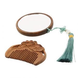 Veemoon Set Miroir et Peigne Bois Sculpté Main Compact et avec Pendentif Pompon pour Maquillage Voyage et Usage Personnel Design et Artisanal avec Miroir Haute Définition (lucy Liu, neuf)