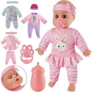 LINFUN KIDS Ensemble de Jeu Poup&eacute;e B&eacute;b&eacute;, Poupon Corps Souple 30 cm avec Fonction, Poup&eacute;e Interactive Qui Mange avec Accessoires 3 Tenues et Kit d'alimentation, Jouet de R&ocirc;le pour Enfant 3 4 5 Ans (MYFUN TOYS, neuf)