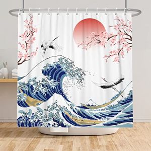 SDOTPMT 105x160cm Rideau de Douche big Wave Rideau de Douche à l'encre Sakura Asiatique Oiseau oie de Montagne Peinture de l'eau Rideau de Douche Salle de Bains (SDOTPMT, neuf)