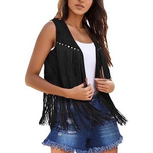 2024 Gilet à Frange Hippie Femme été Haut Veste Manteau Frangé sans Manches Vintage Daim Chic et Elégant Casual Grande Taille Mode Ethnique Cardigan Leger Court Western Cowboy Extérieur Streetwear (goodups, neuf)