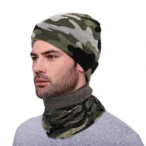 Set de 2 Pcs Bonnet Camouflage et Cache-Cou Hiver Chapeau en Tricot Camouflage en Gris Noir Vert Cache-Cou Thermique &Eacute;pais (hyedengfine, neuf)