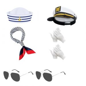 Eowppue d&eacute;guisement Marin Femme 5 pi&egrave;ces avec Chapeau Capitaine 58cm, Bonnet de Marin 57cm, Foulard Bleu Blanc, Lunettes Noires et Gants pour f&ecirc;te &agrave; th&egrave;me, Cosplay, soir&eacute;e d&eacute;guis&eacute;e (gaibada, neuf)