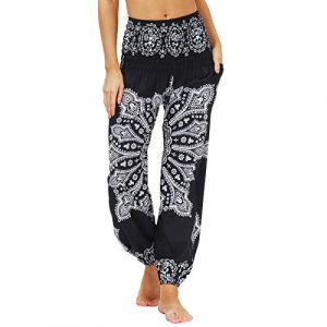 Nuofengkudu Femme Harem Pantalon Sarouel Thaïlandais Hippie Baggy Léger Boho Ethnique Smockée Taille Haute avec Poches Yoga Pants Été Plage(Y-Modèle D,Taille Unique) (better Life, neuf)