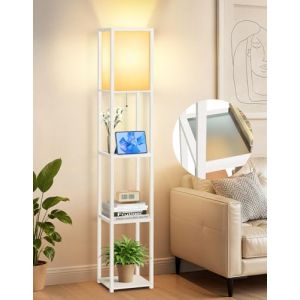 OUTON Lampadaire avec &Eacute;tag&egrave;res en Verre, Temp&eacute;ratures de Couleur R&eacute;glables (3000K-6000K), Lampadaire LED Moderne en Colonne, Lampadaires d&rsquo;Angle en Bois pour Salon, Chambre, Bureau (Blanc) (XINLISTORE EU, neuf)