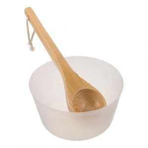Healeved Seau de Sauna en Bois Doublure Int&eacute;rieure en Plastique 4 L et Louche &agrave; Eau en Bois pour Bain de Pieds, Accessoire Spa pour Sauna Humide, Insert R&eacute;utilisable, Kit Bain de Pieds (Sonieg, neuf)