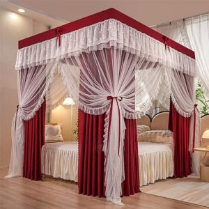 GUOIOOI Rideau à baldaquin de lit Princesse en Dentelle Luxueuse à Volants aux 4 Coins, élégant Rideau de lit Double Couche Confortable for Rideaux de lit Double, Queen, King Size(Rot,200x220cm/King) (ZHENGJIE, neuf)