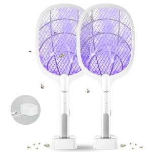 DANGZW Raquette Anti-moustiques, 2 en 1 4000V USB Rechargeable Tapette &agrave; Mouches Electrique avec Base de Chargement Contre Moustiques, Mouches, Insectes, Volants (DIGDAN STORE, neuf)