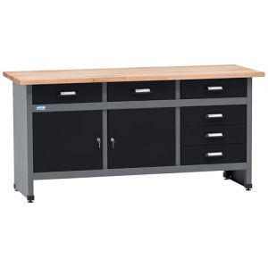 Küpper Établi 12179 - 170 x 84 x 60 cm - 6 tiroirs, 2 portes - Charge maximale : 300 kg - Plan de travail en hêtre massif de 30 mm - Noir - 170 x 84 x 60 cm (STAHLFREAK Warenhandel GmbH, neuf)