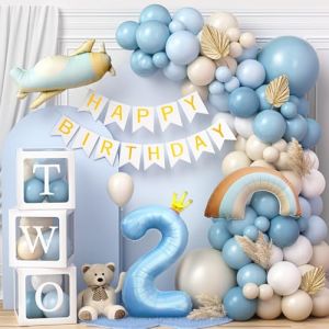 Toyssa Decoration Anniversaire 2 Ans Garçon Bleu avec Boîte à Ballons Banderole Joyeux Anniversaire Ballons en Aluminium Ballon 2 Ans, Kit Arche Ballon pour Garçon Baby Shower Baptême (Toyssa EU, neuf)