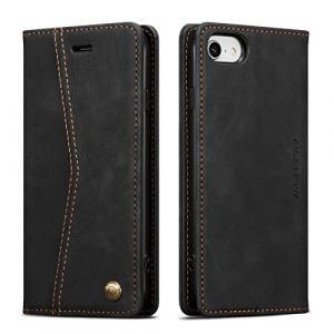 QLTYPRI Etui Coque pour iPhone 16e/SE 4, Portefeuille Fentes Cartes Housse Antichoc Cuir PU Vintage Portefeuille Etui Compatible avec iPhone 16e/SE 4 - Retro Noir (zhihen, neuf)