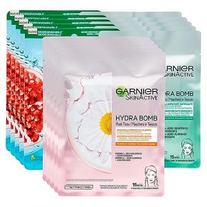 Garnier SkinActive Masque en tissu Hydra Bomb hydratant énergisant avec grenade + 5 x Hydra Bomb Apaisant avec Camomille + 5 x Hydra Bomb Opacifiant avec Thé Vert – 15 masques faciaux (Eurocali, neuf)