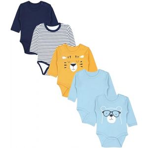 TupTam Body B&eacute;b&eacute; Gar&ccedil;on &ndash; Lot de 5 Bodies B&eacute;b&eacute; &agrave; Manches Longues, Coton OEKO-TEX, Bodies B&eacute;b&eacute; 0-3 Mois, T&ecirc;tes d'animaux bleu jaune turquoise, 86 (LotteStyle, neuf)